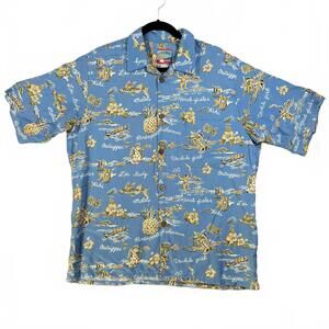 Joe Kealoha Men's Blue Hawaiian Shirt Tropical Print Pineapples Spear Fishing XL